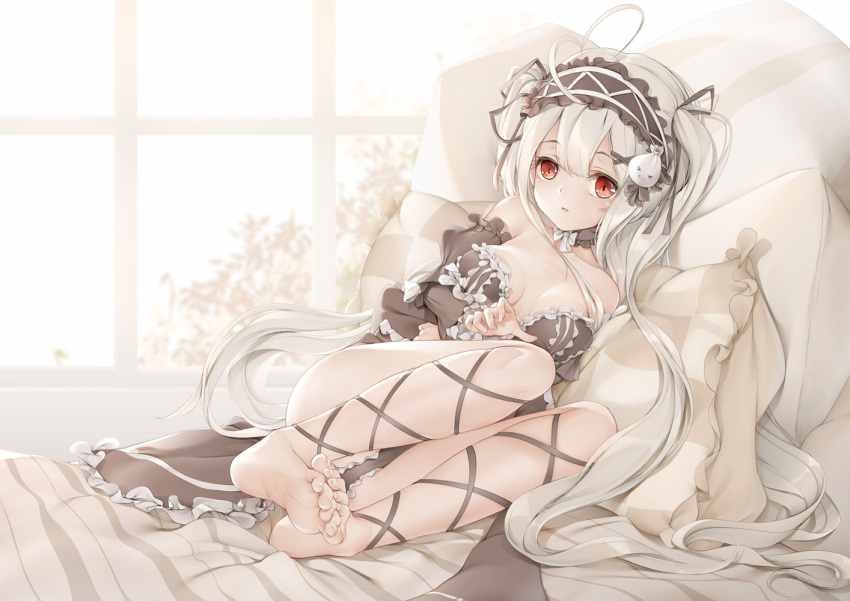 1girl ahoge bare_shoulders barefoot bed between_legs black_dress breasts choker dress feet hairband heart_ahoge knees_up legs lolita_hairband long_hair lying niliu_chahui on_side original pillow red_eyes ribbon silver_hair soles solo strapless strapless_dress thighs toes tokisaki_mio two_side_up very_long_hair window