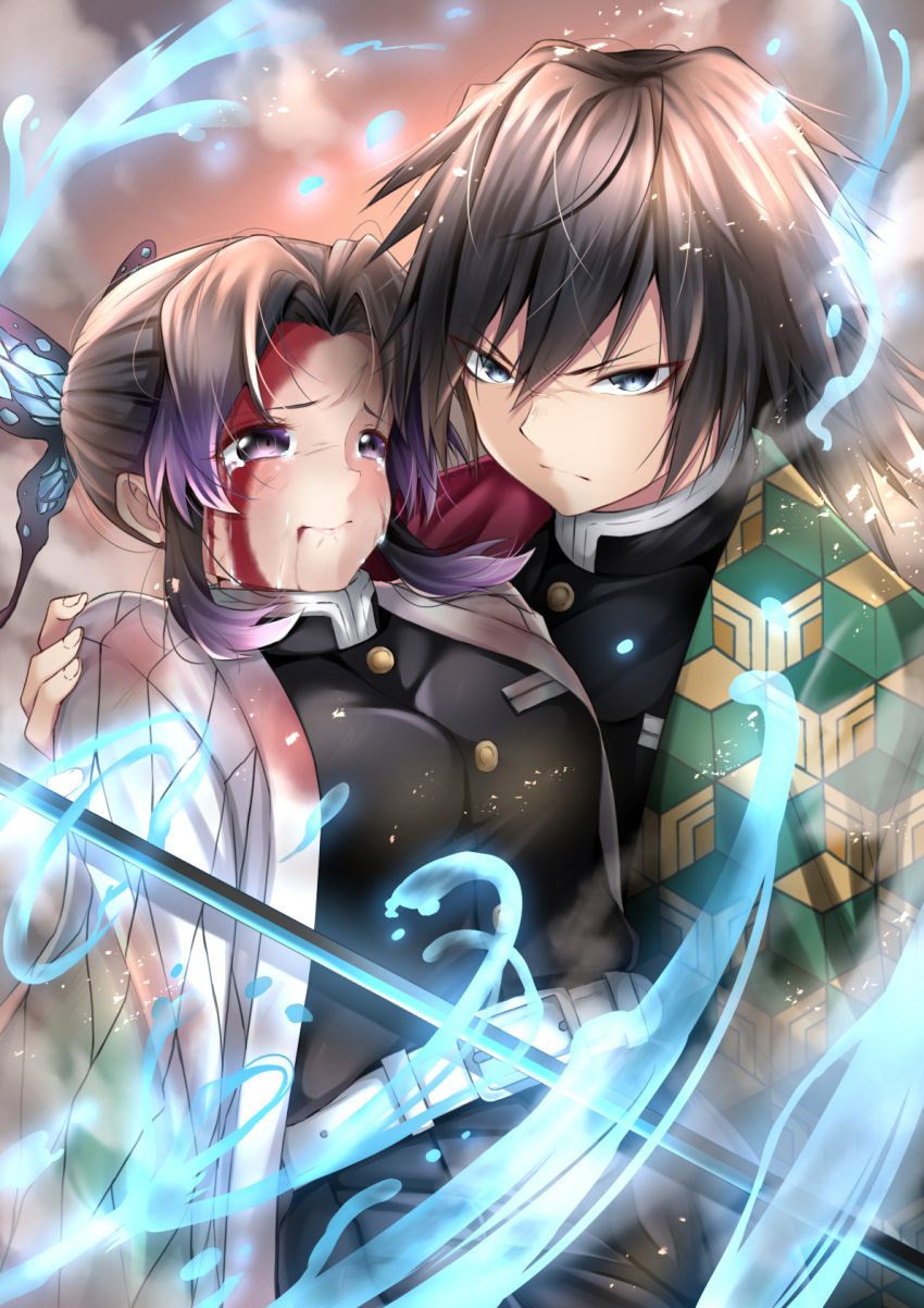 1boy 1girl belt black_hair blood blood_from_mouth blood_in_mouth blood_on_face breasts butterfly_hair_ornament buttons commentary_request crying crying_with_eyes_open hair_ornament haori highres japanese_clothes kimetsu_no_yaiba kochou_shinobu long_hair long_sleeves looking_at_viewer medium_breasts nakaji_(user_snap3353) sword tears tomioka_giyuu weapon