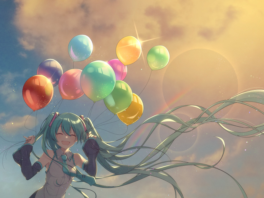 1girl :d absurdly_long_hair arms_up asagao_minoru balloon black_sleeves closed_eyes clouds detached_sleeves floating_hair green_hair grey_shirt hatsune_miku highres holding_balloon huge_filesize lens_flare long_hair nail_polish necktie number_tattoo open_mouth outdoors rainbow shirt sky sleeveless sleeveless_shirt smile solo tattoo twintails upper_body very_long_hair vocaloid