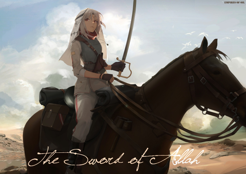 1girl absurdres altera_(fate) bangs belt belt_buckle black_footwear boots breastplate brown_gloves buckle cavalry cjmy closed_mouth clouds commentary commentary_request english_text eyebrows_behind_hair fate/grand_order fate_(series) fingerless_gloves gloves highres holding holding_sword holding_weapon holster horse horseback_riding pants red_eyes red_neckwear riding saber_(weapon) shirt short_hair silver_hair sky sleeves_folded_up solo sword weapon white_pants white_shirt