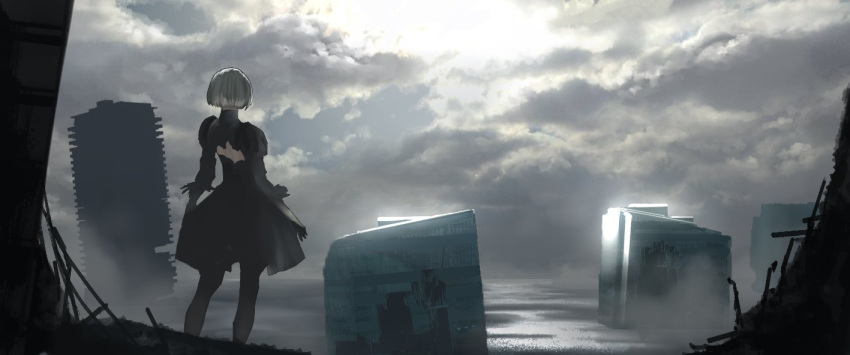 0141moonjelly 1girl back black_dress black_gloves building clouds cloudy_sky dress feather-trimmed_sleeves gloves light_rays nier_(series) nier_automata ocean outdoors short_hair sky solo standing turtleneck white_hair yorha_no._2_type_b