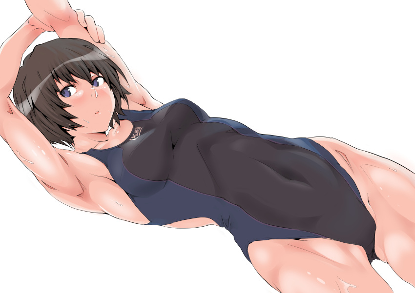 1girl absurdres amagami arms_up ass_visible_through_thighs black_eyes black_hair black_swimsuit bob_cut breasts competition_swimsuit covered_navel cowboy_shot dutch_angle highres kimuwaipu looking_at_viewer medium_breasts nanasaki_ai one-piece_swimsuit simple_background solo standing stretch swimsuit white_background