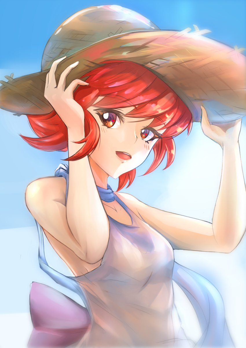 1girl :d back_bow bangs bow collarbone deekei dress eyebrows_visible_through_hair fire_emblem fire_emblem_fates hat highres hinoka_(fire_emblem) looking_at_viewer open_mouth purple_bow red_eyes redhead shiny shiny_hair short_hair sleeveless sleeveless_dress smile solo straw_hat sun_hat sundress upper_body white_dress
