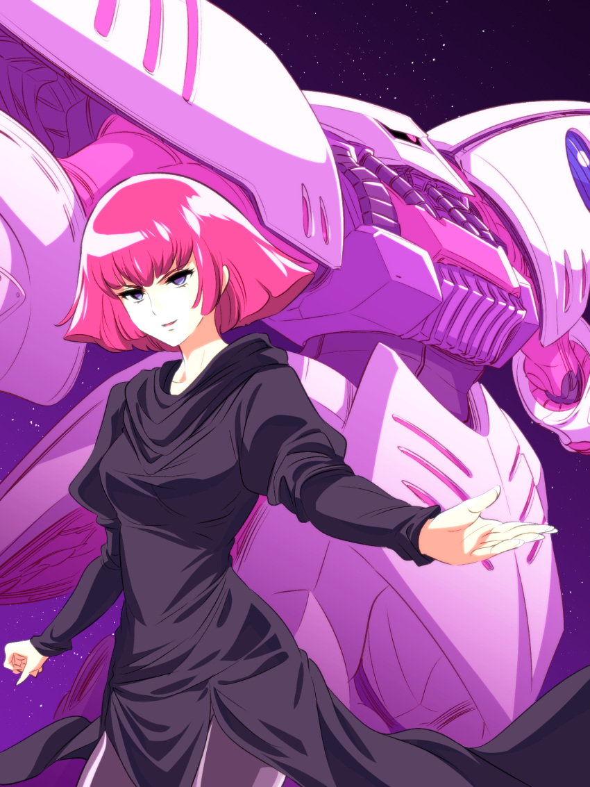 1girl :d cowboy_shot gundam gundam_zz haman_karn highres ishiyumi juliet_sleeves long_sleeves looking_at_viewer looking_away mecha open_mouth pink_hair puffy_sleeves qubeley smile violet_eyes