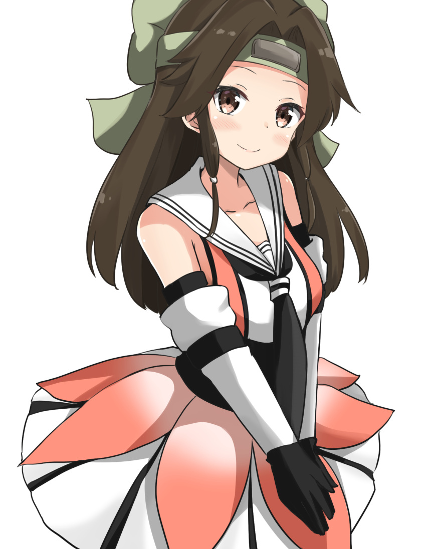 1girl aikawa_ryou bangs bare_shoulders black_gloves black_neckwear blush bow brown_dress brown_eyes brown_hair closed_mouth collarbone commentary_request dress elbow_gloves gloves green_bow hair_bow hairband highres jintsuu_(kantai_collection) kantai_collection long_hair looking_at_viewer parted_bangs remodel_(kantai_collection) sailor_collar sailor_dress sidelocks simple_background sleeveless sleeveless_dress smile solo very_long_hair white_background white_sailor_collar