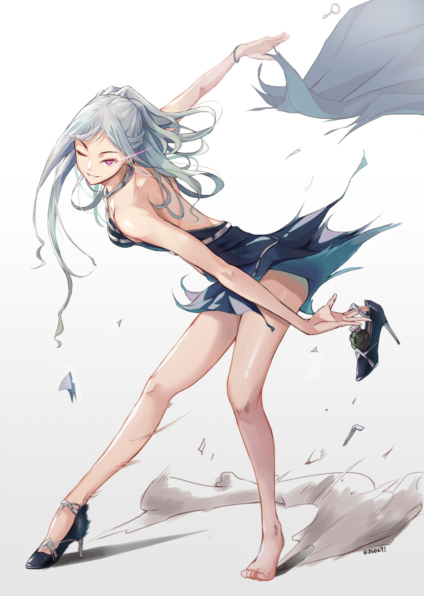 1girl ak-12_(girls_frontline) backless_dress backless_outfit bare_legs bare_shoulders barefoot breasts dress english_commentary floating_hair full_body girls_frontline gradient gradient_background green_dress green_hair grey_background grin high_heels highres long_hair medium_breasts multicolored_hair niac one_eye_closed pink_eyes shoe_removed shoes sidelocks silver_hair single_shoe sliding smile solo tiptoes torn_clothes twitter_username two-tone_hair white_background