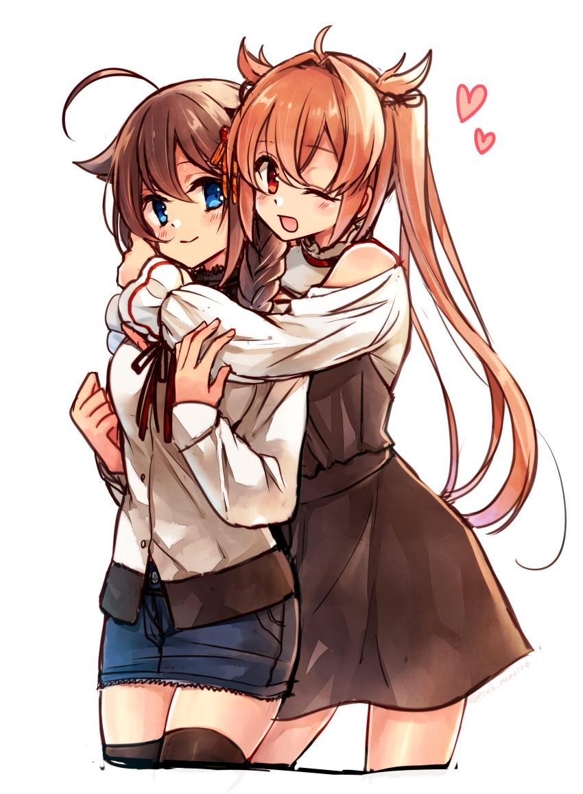 2girls ;d absurdres ahoge black_dress black_legwear blue_eyes blue_skirt blush brown_hair casual cropped_legs dress hair_flaps heart highres hug hug_from_behind kantai_collection long_sleeves momoiro multiple_girls murasame_(kantai_collection) one_eye_closed open_mouth red_eyes remodel_(kantai_collection) shigure_(kantai_collection) simple_background skirt smile thigh-highs twintails white_background zettai_ryouiki
