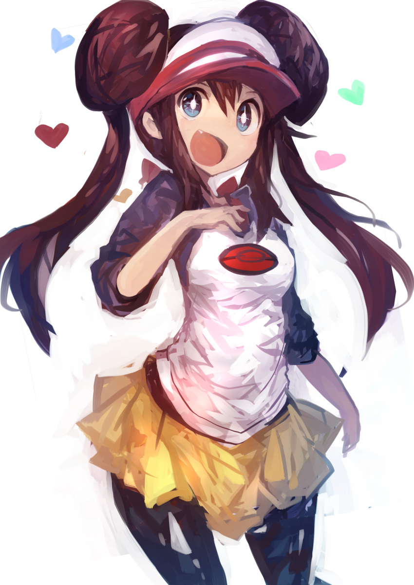 1girl absurdres bangs black_legwear blue_eyes bow breasts brown_hair double_bun fang heart highres kaamin_(mariarose753) legwear_under_shorts long_hair mei_(pokemon) open_mouth pantyhose pink_bow poke_ball poke_ball_print pokemon pokemon_(game) pokemon_bw2 shirt shorts simple_background solo sparkling_eyes twintails visor_cap white_background yellow_shorts