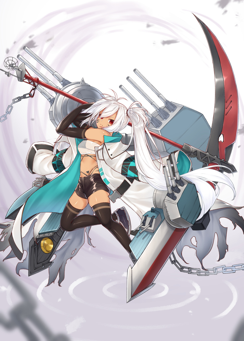 1girl absurdres alabama_(azur_lane) azur_lane black_gloves black_legwear black_shorts bodypaint breasts facepaint gloves highres holding holding_scythe holding_weapon jacket_on_shoulders kimidori3_karla long_hair looking_at_viewer native_american red_eyes scythe short_shorts shorts solo string_bikini_top thigh-highs weapon