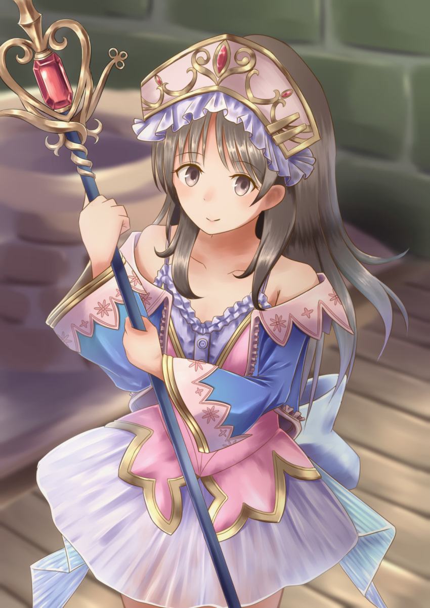 1girl :&gt; atelier_(series) atelier_totori bare_shoulders blue_camisole brick_wall brown_eyes camisole collarbone commentary_request cowboy_shot dress eyebrows_visible_through_hair fall_(5754478) from_above headdress highres holding holding_staff layered_dress light_brown_hair long_hair long_sleeves looking_at_viewer ruby_(gemstone) smile solo staff standing totooria_helmold very_long_hair well wide_sleeves wooden_floor