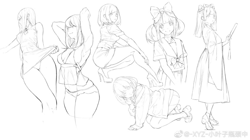 6+girls all_fours armpits arms_up bangs blunt_bangs bob_cut bow breasts china_dress chinese_clothes dress fan folding_fan greyscale hair_bow highres long_hair long_skirt medium_breasts monochrome multiple_girls original short_dress short_hair sidelocks simple_background sketch skirt smile thighs twintails weibo_username wide_sleeves xyz_(xiaoyezi)