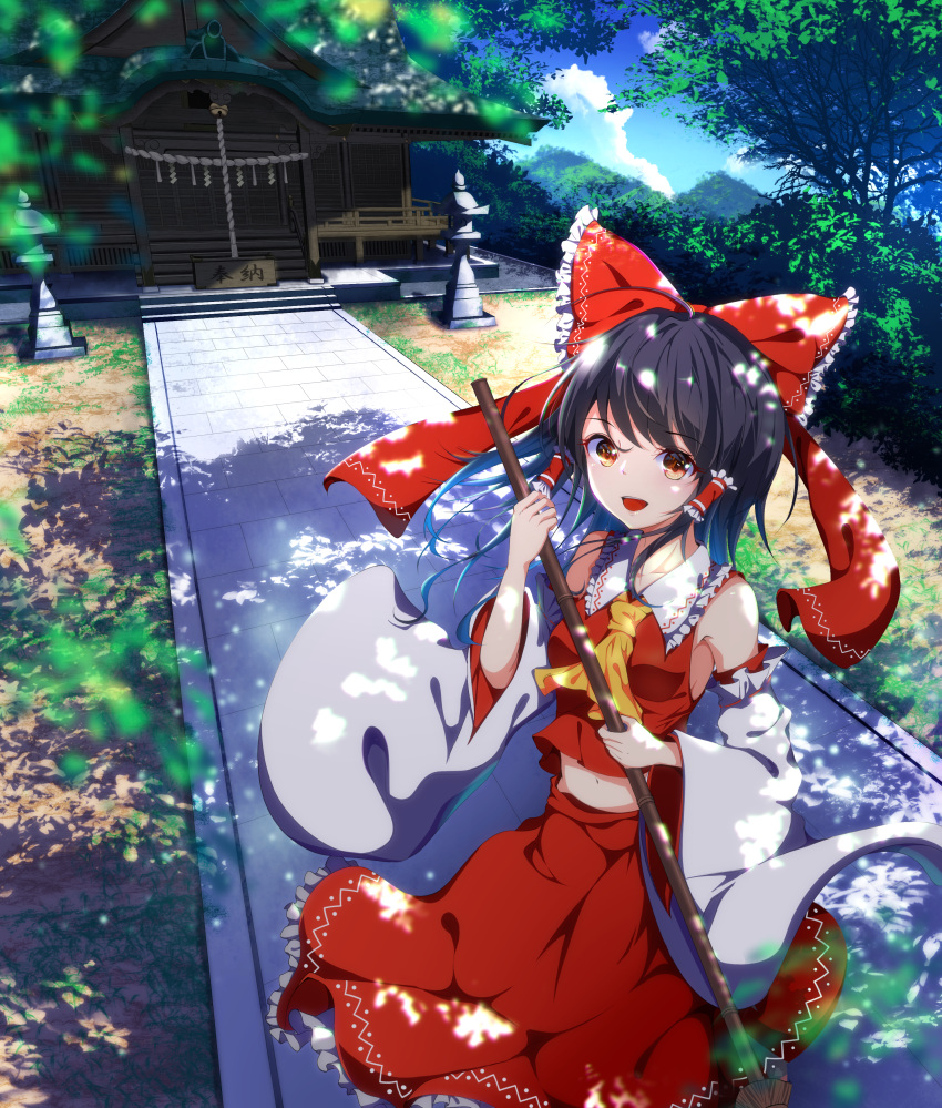 1girl :d absurdres ascot bangs bare_shoulders black_hair blue_sky bow breasts broom brown_eyes clouds commentary_request cowboy_shot day detached_sleeves eyebrows_visible_through_hair frilled_bow frilled_shirt_collar frills hair_bow hair_tubes hakurei_reimu hakurei_shrine highres holding holding_broom huge_filesize long_hair long_sleeves looking_at_viewer midriff navel open_mouth outdoors red_bow red_skirt shadow shide shrine sidelocks skirt skirt_set sky small_breasts smile solo standing touhou tree wide_sleeves yamanakaume yellow_neckwear