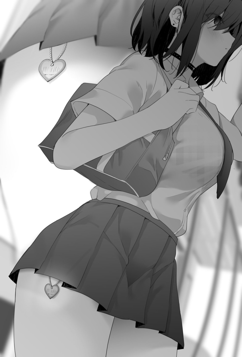 1girl bag blurry blurry_background blush breasts collared_shirt commentary_request greyscale heart highres large_breasts monochrome necktie original pleated_skirt ryouma_(galley) school_bag school_uniform shirt shirt_tucked_in short_hair short_sleeves skirt solo