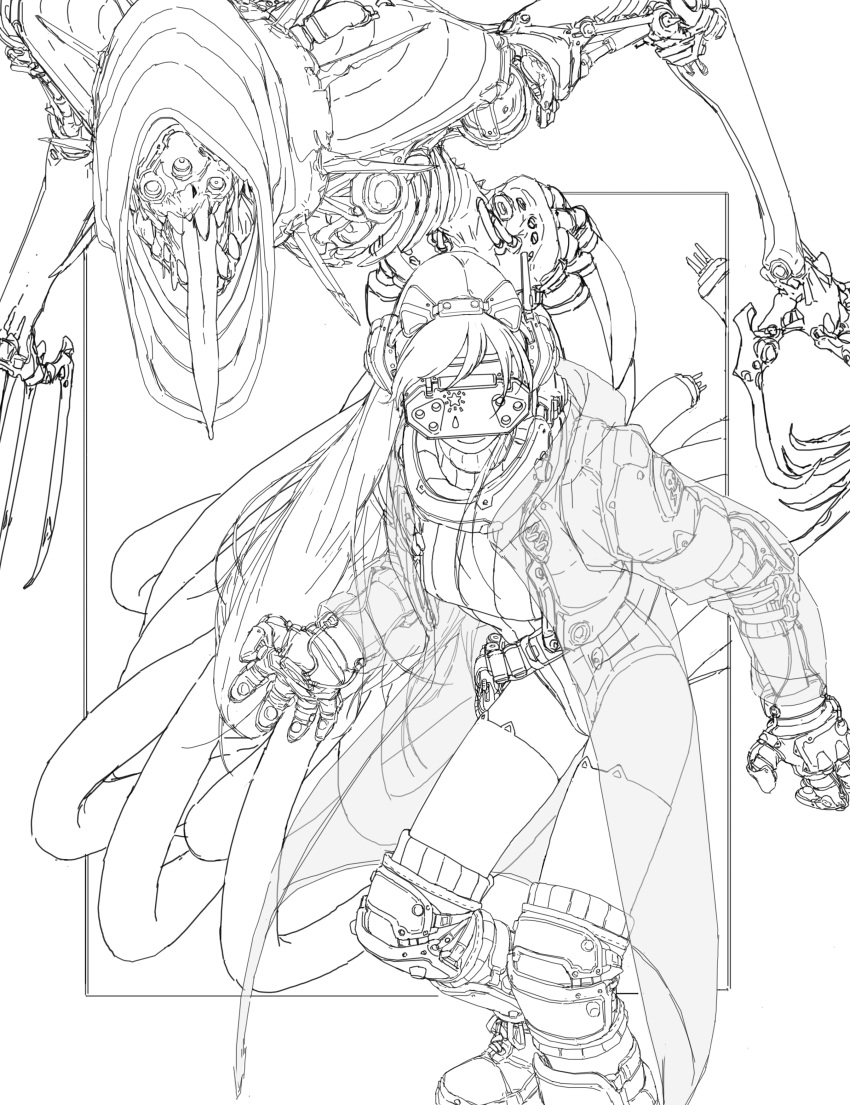 1girl absurdres belt claws closed_mouth end_inside_one gloves greyscale head_mounted_display highres hood hood_down jacket leotard long_hair monochrome monster_girl open_mouth original see-through sketch smile standing thigh-highs tongue turtleneck