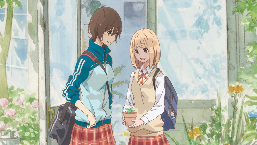 2girls artist_request asagao_to_kase-san bag blonde_hair blush brown_hair collared_shirt couple flower glass grass happy height_difference jacket kase_tomoka looking_at_another multiple_girls neck_ribbon official_art open_mouth pink_flower plant reflection ribbon school_uniform shirt short_hair skirt smile uniform vest white_shirt yamada_yui yellow_eyes yellow_flower yuri