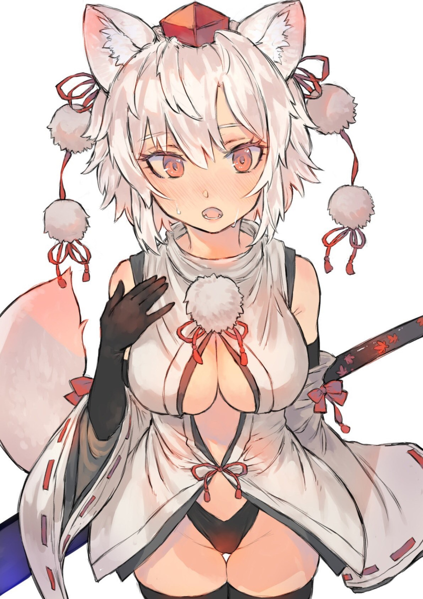 1girl animal_ear_fluff animal_ears bare_shoulders black_gloves blush breasts commentary_request cowboy_shot detached_sleeves elbow_gloves gloves hat highres inubashiri_momiji large_breasts looking_at_viewer open_mouth orange_eyes pom_pom_(clothes) silver_hair simple_background solo teeth thigh-highs thigh_gap tokin_hat touhou tsukeo white_background wolf_ears