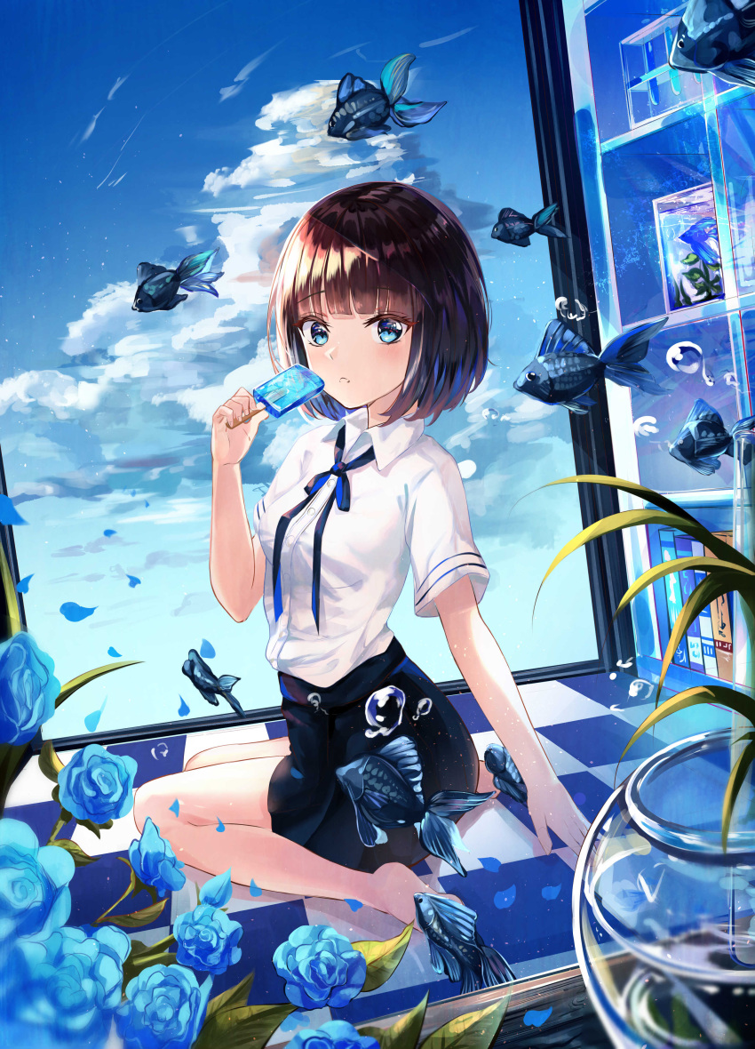1girl absurdres bangs barefoot black_skirt blue_eyes blue_flower blue_ribbon blue_rose blue_sky brown_hair checkered checkered_floor clouds collared_shirt dish dress_shirt flower food highres holding holding_food ice_cream looking_at_viewer miniskirt neck_ribbon original parted_lips popsicle ribbon rose shiny shiny_hair shirt short_hair short_sleeves skirt sky smile2007h solo white_shirt wing_collar