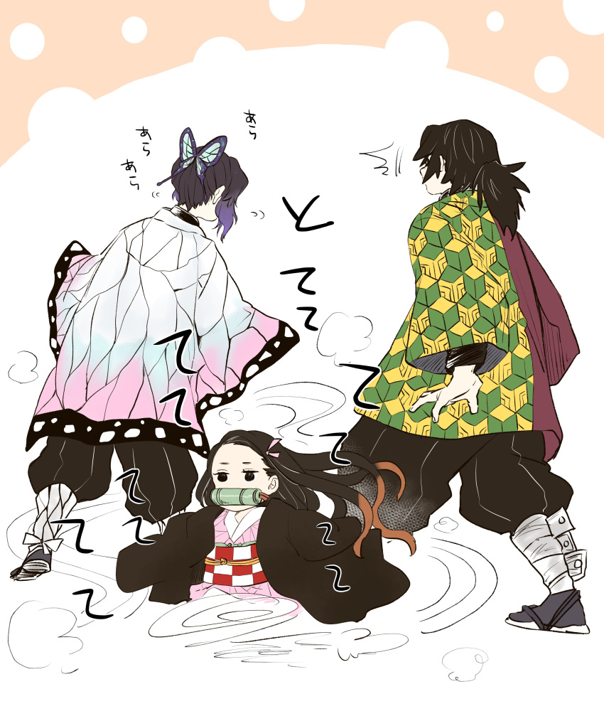 1boy 2girls absurdres bamboo black_hair butterfly_hair_ornament commentary_request hair_ornament haori highres japanese_clothes kamado_nezuko kimetsu_no_yaiba kimono kochou_shinobu long_hair mouth_hold multicolored_hair multiple_girls obi red003 running sash tomioka_giyuu