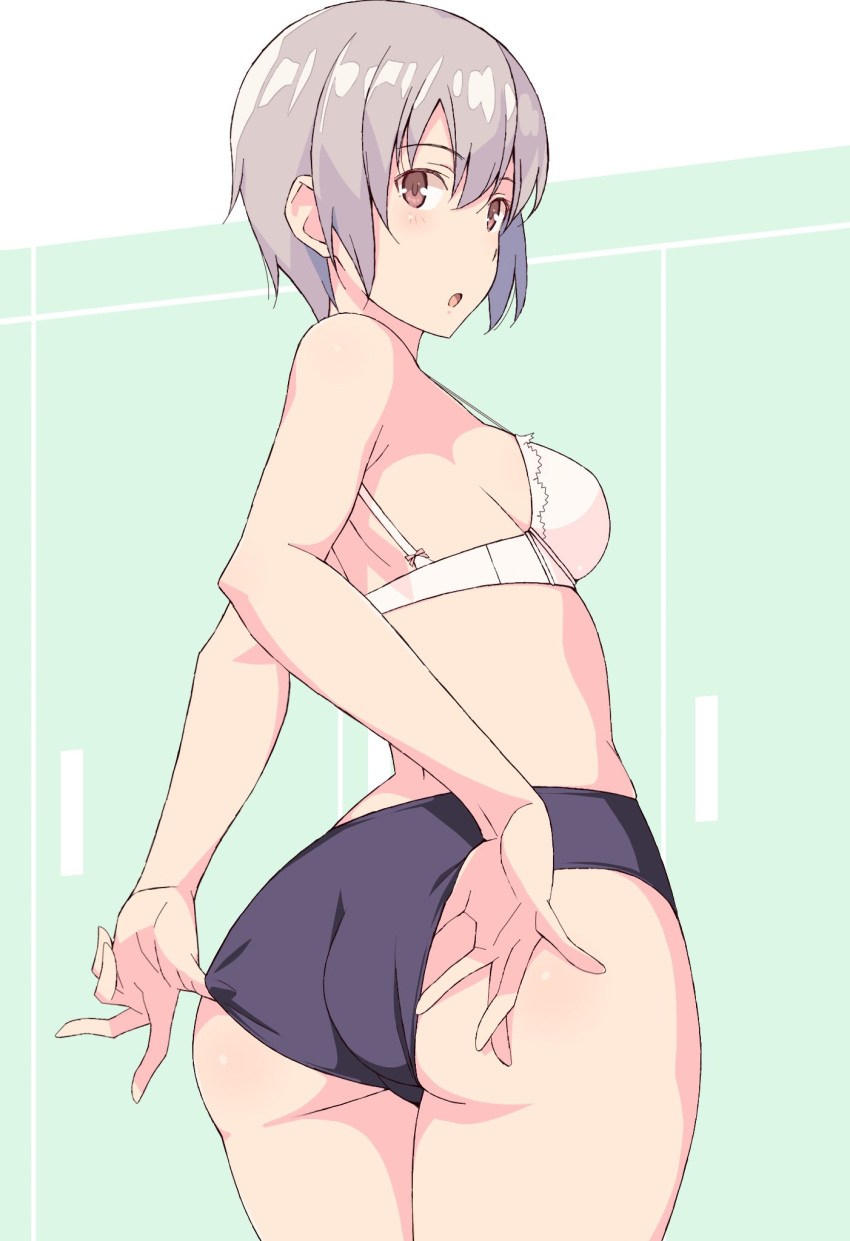 1girl :o adjusting_clothes ass bangs bare_legs black_bloomers blush bra brown_eyes eyebrows_visible_through_hair highres lace lace-trimmed_bra light_brown_hair lingerie locker locker_room looking_back nakamura_yukitoshi open_mouth original short_hair simple_background solo standing underwear white_bra