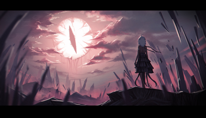 1girl ahoge arms_at_sides black_dress bodystocking clouds cloudy_sky cthulhu_mythos destruction dress eldritch_abomination glowing glowing_eye highres original rubble ruins scenery sky slit_pupils tentacles user_mngx8344 white_hair