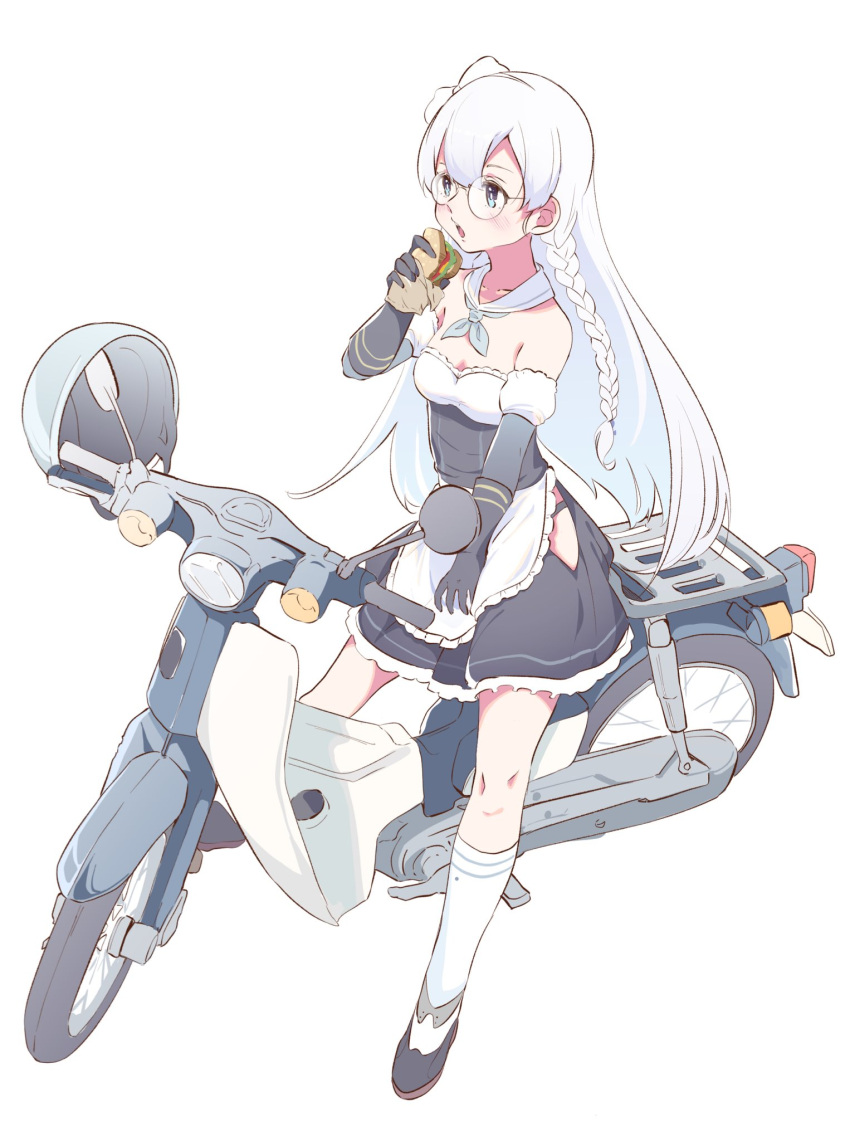 1girl apron azur_lane blue_eyes blue_gloves braid detached_collar eating edinburgh_(azur_lane) full_body glasses gloves ground_vehicle headwear_removed helmet helmet_removed highres hina_(bird_salty) hip_vent long_hair looking_away maid_apron motor_vehicle motorcycle motorcycle_helmet neckerchief simple_background sitting solo white_background white_hair white_legwear