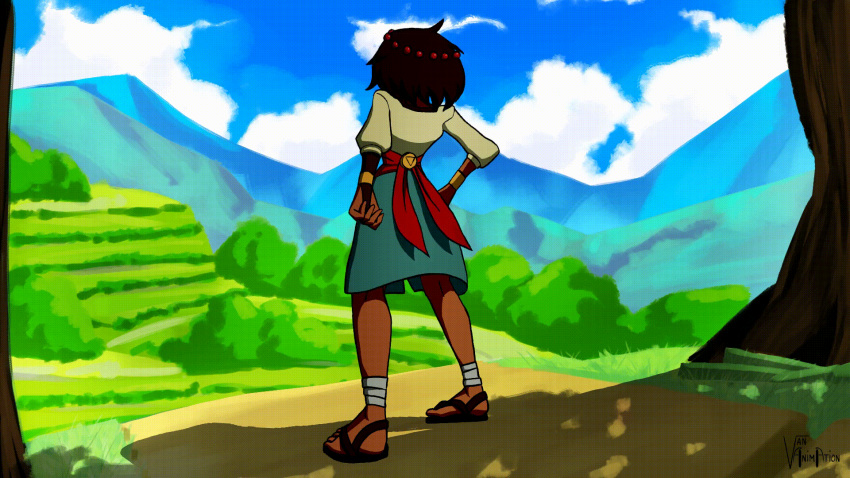 1girl ajna_(indivisible) animated animated_gif ankle_wrap artist_logo bangs beads bike_shorts black_eyes black_footwear black_hair black_shorts blue_skin blue_sky blurry blurry_background bodysuit bracelet bridal_gauntlets closed_eyes clouds cloudy_sky commentary dark_persona dark_skin day depth_of_field english_commentary fangs green_skirt grin hair_ornament heruka_(indivisible) highres huge_filesize indivisible jewelry lifted_by_self long_sleeves looking_at_viewer medium_skirt monochrome_background mountain open_mouth outdoors red_eyes sandals sash shirt short_hair shorts silver_hair skirt skirt_lift sky smile solo standing transformation van_an_nguyen white_shirt