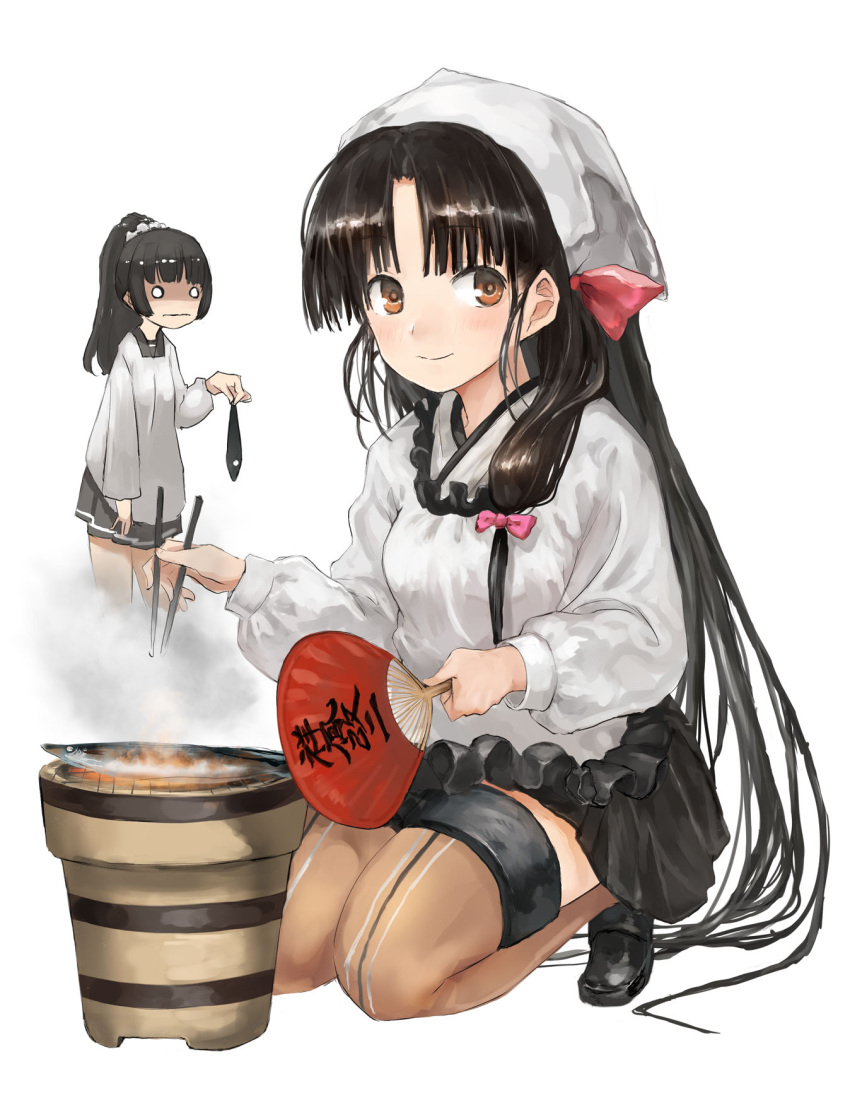2girls bangs black_footwear black_hair black_skirt blush brown_eyes brown_legwear chopsticks closed_mouth cooking eyebrows_visible_through_hair fan fish frills hair_ornament hair_over_shoulder hair_scrunchie head_scarf highres holding holding_chopsticks holding_fan isokaze_(kantai_collection) japanese_clothes kantai_collection kappougi long_hair long_sleeves low-tied_long_hair multiple_girls o_o paper_fan pleated_skirt ponytail saury scrunchie shouhou_(kantai_collection) simple_background skirt smile smock squatting standing thigh-highs toka_(marchlizard) white_background