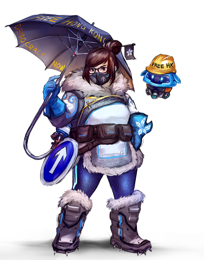 1girl black-framed_eyewear blue_gloves boots brown_eyes brown_hair coat drone english_commentary full_body fur-trimmed_jacket fur_boots fur_coat fur_trim glasses gloves hair_bun hair_ornament hair_stick half_mask hardhat helmet highres jacket mei_(overwatch) overwatch road_sign short_hair sign snow_boots snowball_(overwatch) spiked_boots standing umbrella wenqing_yan white_background winter_clothes winter_coat