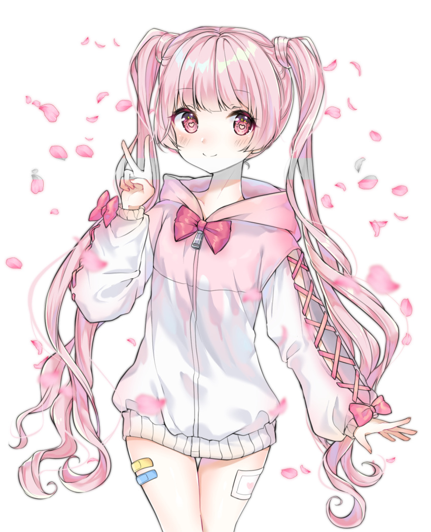 1girl bangs blush bow commission copyright_request eyebrows_visible_through_hair heart heart_in_eye highres jacket leaf long_hair long_sleeves pink_bow pink_eyes pink_jacket simple_background smile solo symbol_in_eye twintails urim_(paintur) v white_background