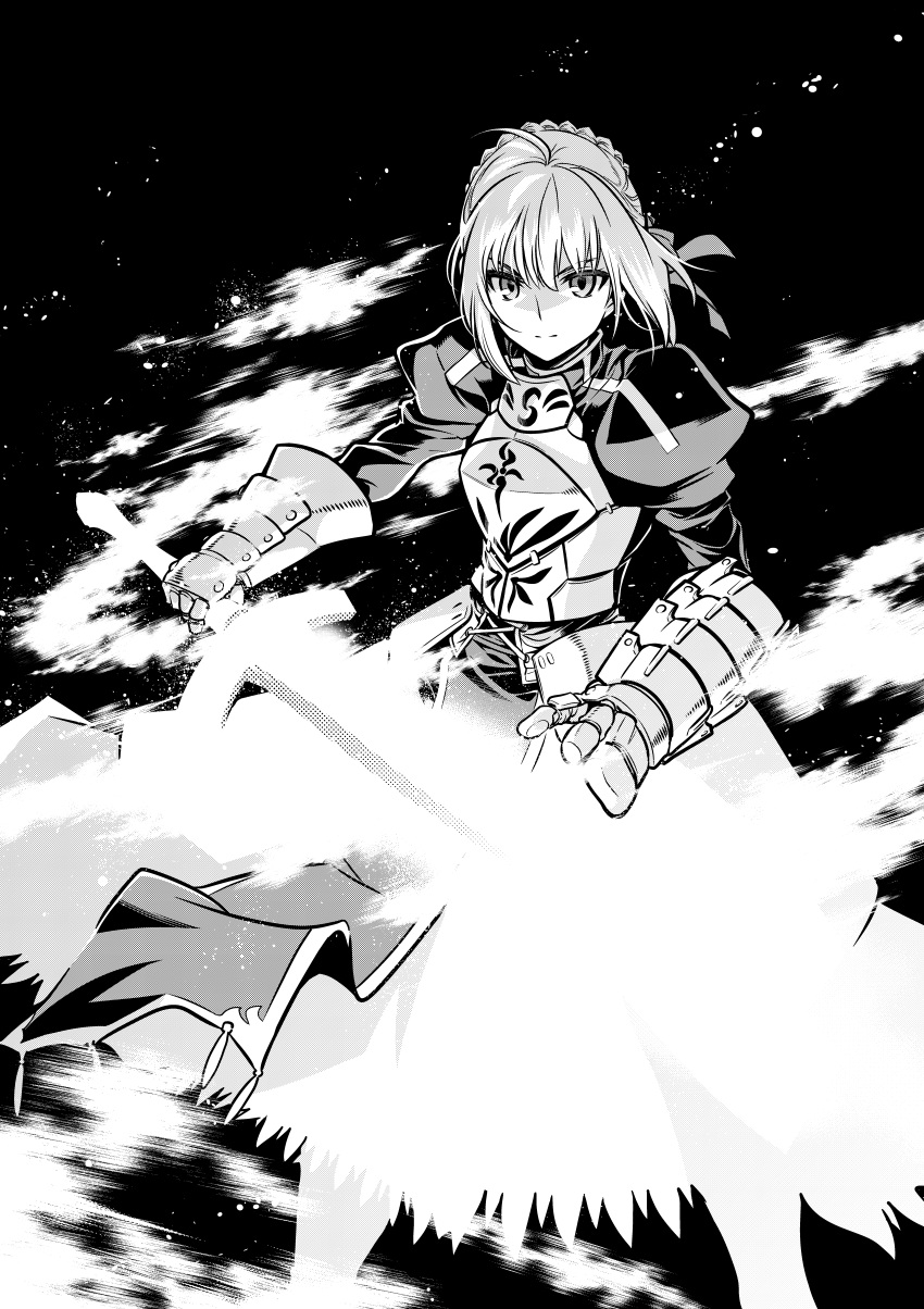 1girl absurdres ahoge armor artoria_pendragon_(all) black_background fate/stay_night fate_(series) gauntlets greyscale highres ishiyumi juliet_sleeves long_sleeves looking_at_viewer monochrome puffy_sleeves saber solo standing