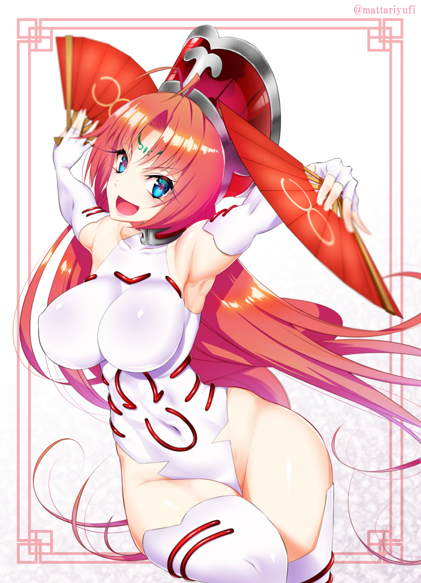 1girl absurdres ahoge blue_eyes breasts choker commentary_request elbow_gloves facial_mark fan forehead_mark gloves hat highres houshin_engi large_breasts leotard long_hair looking_at_viewer mattari_yufi navel open_mouth outstretched_arms paper_fan partly_fingerless_gloves redhead skindentation smile so_dakki solo spread_arms thigh-highs twitter_username upper_body