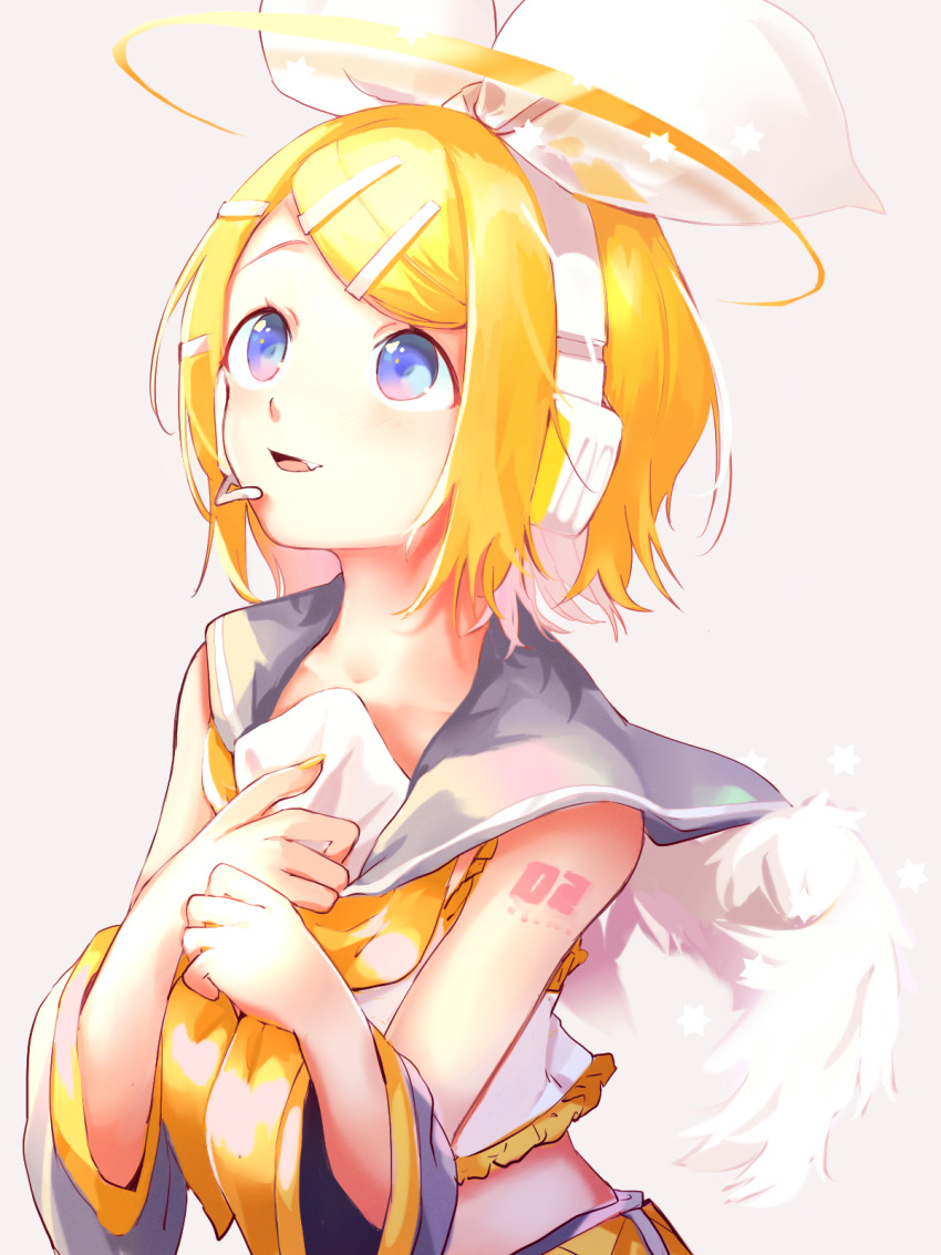 1girl angel_wings arm_tattoo bare_shoulders blonde_hair blue_eyes bow collarbone detached_sleeves fang feathered_wings frill_trim hair_bow hair_ornament hairclip halo hands_on_own_chest headphones headset highres kagamine_rin looking_up mini_wings number_tattoo oyamada_gamata sailor_collar shirt short_hair sleeveless sleeveless_shirt solo star tattoo upper_body vocaloid white_wings wings yellow_nails