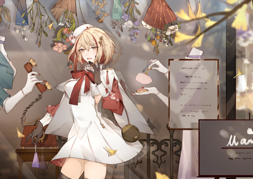 absurdres alternate_costume azur_lane bag bangs black_gloves black_legwear blonde_hair cape chinese_commentary commentary_request cosmetics dress eyebrows_visible_through_hair face_powder flower gloves handbag hat highres jingzhongyin long_sleeves looking_at_another looking_to_the_side makeup multicolored_hair neck_ribbon open_mouth phone red_ribbon ribbon roon_(azur_lane) rotary_phone sidelocks smile solo_focus streaked_hair thigh-highs white_dress yellow_eyes