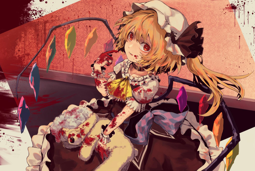 1girl :q ascot bangs berabou black_choker blonde_hair blood blood_on_face bloody_clothes bloody_hands choker commentary crystal dress flandre_scarlet frilled_shirt_collar frills hand_up hat hat_ribbon highres holding holding_stuffed_animal indoors long_hair looking_at_viewer mob_cap one_side_up red_dress red_eyes red_ribbon ribbon shirt solo stuffed_animal stuffed_toy teddy_bear tongue tongue_out touhou white_headwear white_shirt wings wrist_cuffs yellow_neckwear