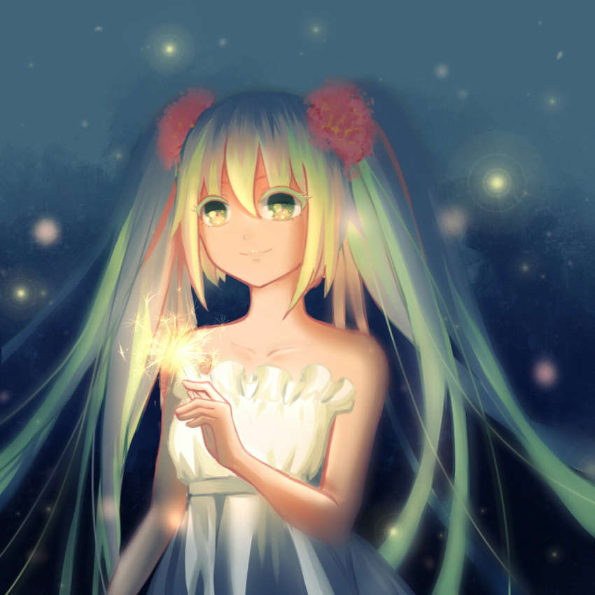 1girl closed_mouth collarbone dress fireworks floating_hair flower green_eyes green_hair hair_between_eyes hair_flower hair_ornament hatsune_miku holding long_hair red_flower sleeveless sleeveless_dress smile so_tsubasa solo striped striped_dress upper_body very_long_hair vocaloid white_dress