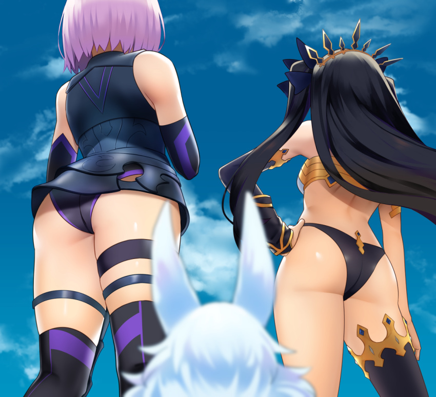 2girls arm_at_side armored_leotard ass bare_shoulders bikini black_bikini_bottom black_bow black_gloves black_legwear black_leotard blue_sky blurry blurry_foreground bow breasts commentary_request creature day depth_of_field detached_sleeves elbow_gloves facing_away fate/grand_order fate_(series) fou_(fate/grand_order) from_behind from_below gloves hair_bow hairband hand_on_hip ishtar_(fate/grand_order) leotard long_hair mash_kyrielight mismatched_bikini multiple_girls outdoors purple_hair short_hair single_detached_sleeve single_thighhigh sky small_breasts swimsuit thigh-highs thigh_strap tsuchifumazu two_side_up white_bikini_top