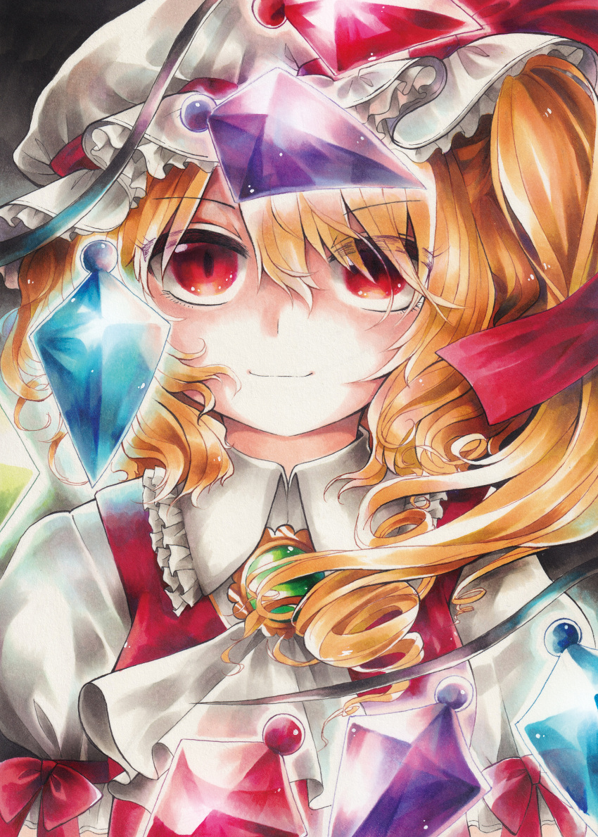 1girl absurdres black_background blonde_hair brooch commentary_request crystal eyebrows_visible_through_hair eyes_visible_through_hair flandre_scarlet hair_between_eyes hat hat_ribbon highres jewelry light_smile looking_at_viewer maa_(forsythia1729) marker_(medium) mob_cap puffy_short_sleeves puffy_sleeves red_eyes red_vest ribbon shirt short_sleeves side_ponytail simple_background solo touhou traditional_media upper_body vest white_headwear white_shirt wings