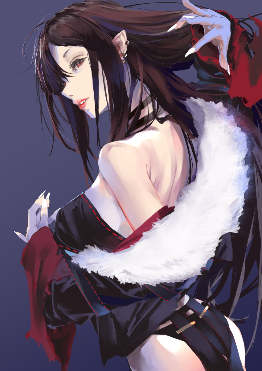 1girl bare_shoulders black_choker blue_background brown_hair choker consort_yu_(fate) earrings fate/grand_order fate_(series) fingernails fur_trim highres jewelry kiriyama long_hair looking_back parted_lips pointy_ears red_eyes red_lips sharp_fingernails simple_background