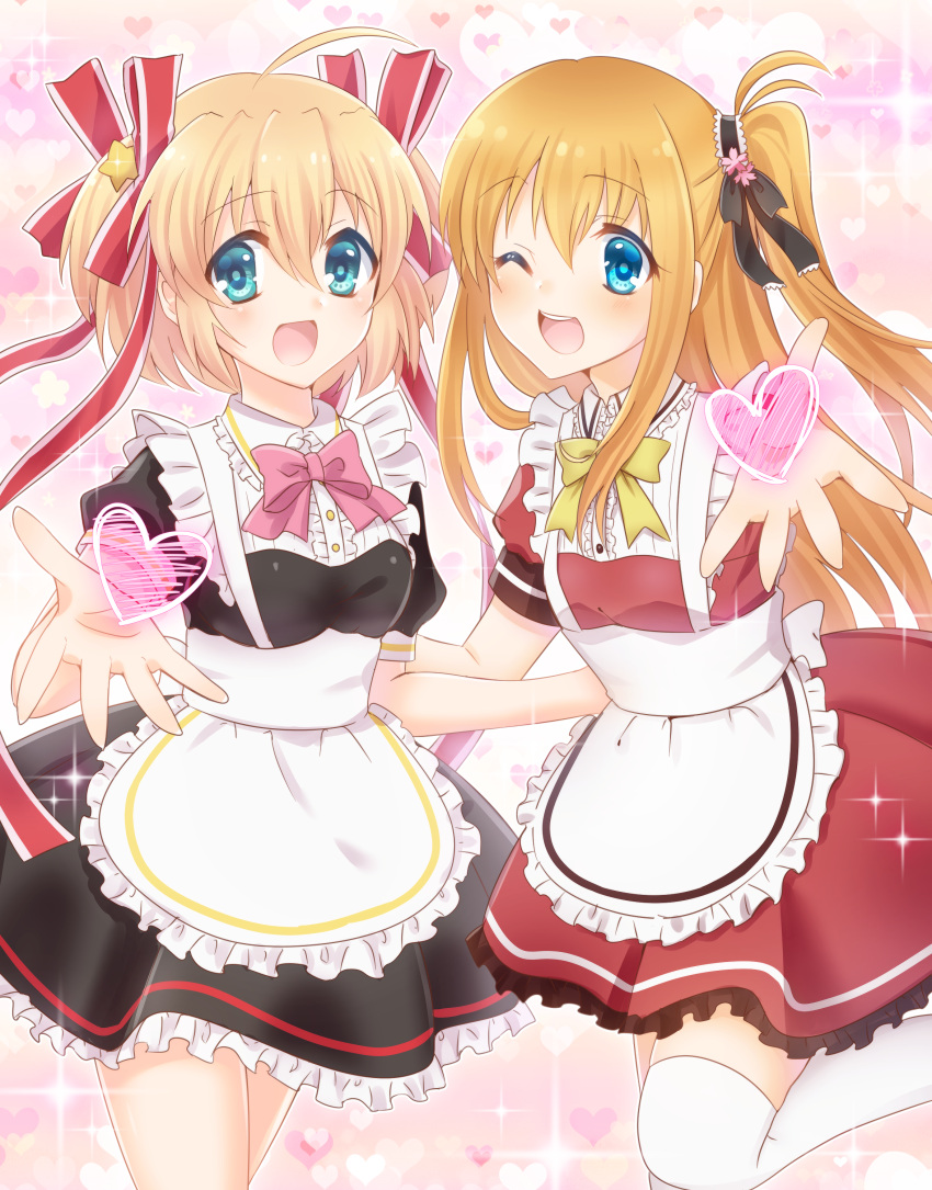 2girls absurdres alternate_costume apron black_dress blonde_hair blue_eyes charlotte_(anime) commentary_request company_connection cowboy_shot crossover dress enmaided frilled_apron frilled_dress frills hair_ribbon heart highres kamikita_komari key_(company) little_busters!! long_hair looking_at_viewer maid miyoshi_yun multiple_girls nishimori_yusa one_eye_closed one_side_up pink_background red_dress ribbon short_hair smile sparkle_background standing thigh-highs twintails white_apron white_legwear