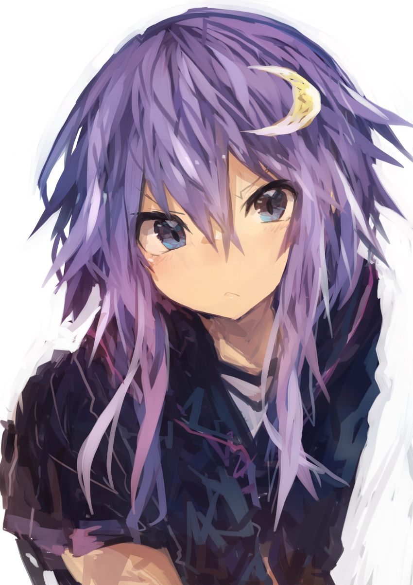 1girl :&lt; absurdres bangs blue_eyes blush crescent crescent_hair_ornament furrowed_eyebrows hair_between_eyes hair_ornament highres kaamin_(mariarose753) kantai_collection long_sleeves looking_at_viewer purple_hair sailor_collar short_hair_with_long_locks simple_background skirt solo white_background yayoi_(kantai_collection)