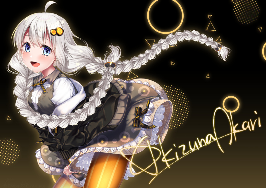 1girl :d ahoge bangs black_bow black_jacket blue_eyes blush bow braid breasts character_name collared_dress commentary_request dress eyebrows_visible_through_hair grey_dress grey_hair hair_between_eyes hair_ornament highres jacket kitasaya_ai kizuna_akari leaning_forward long_hair long_sleeves looking_at_viewer medium_breasts open_mouth orange_legwear pantyhose puffy_long_sleeves puffy_short_sleeves puffy_sleeves shirt short_sleeves smile solo striped striped_bow striped_legwear twin_braids twintails vertical-striped_legwear vertical_stripes very_long_hair voiceroid white_shirt