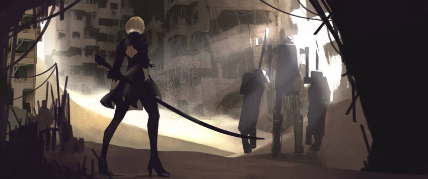0141moonjelly 1girl back black_dress black_gloves building dress feather-trimmed_sleeves fighting_stance gloves high_heels holding holding_sword holding_weapon light_rays nier_(series) nier_automata outdoors robot sand short_hair standing sword thigh-highs weapon white_hair yorha_no._2_type_b