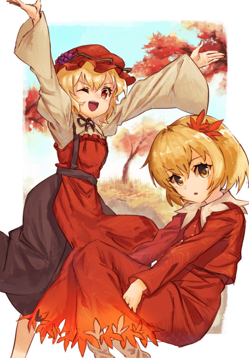 2girls ;d \o/ aki_minoriko aki_shizuha apron arms_up autumn_leaves black_skirt blonde_hair dress food fruit grapes hair_ornament hat highres leaf_hair_ornament long_sleeves mob_cap multiple_girls one_eye_closed open_mouth outstretched_arms red_dress red_eyes red_headwear shirt short_hair siblings sisters skirt smile touhou tree yanyan_(shinken_gomi) yellow_eyes