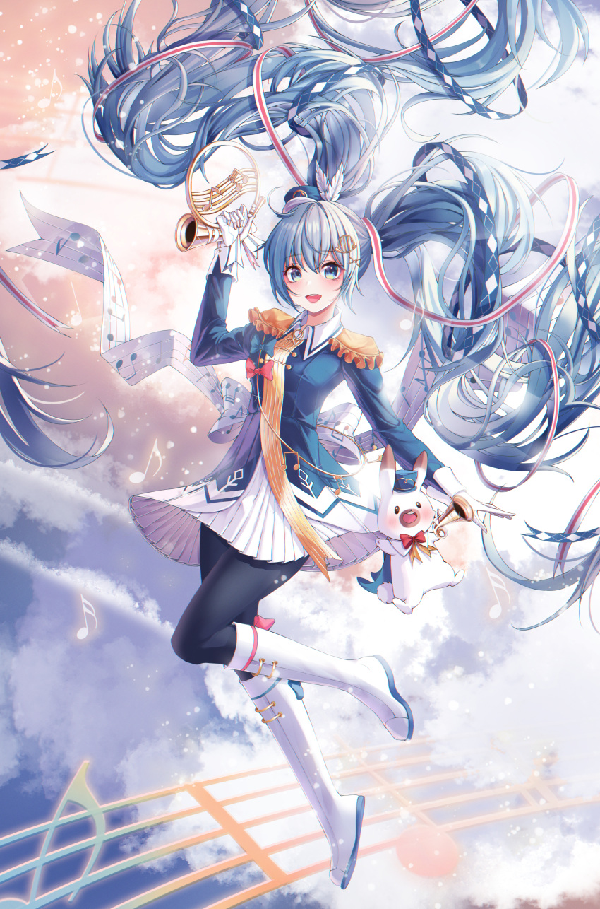 1girl :d absurdres black_legwear blue_eyes blue_hair blue_headwear blue_shirt boots bow commentary_request eumi_114 floating_hair french_horn gloves hair_ornament hand_up hatsune_miku highres holding holding_instrument huge_filesize instrument knee_boots leg_up long_hair long_sleeves looking_at_viewer miniskirt musical_note open_mouth pantyhose pleated_skirt rabbit red_bow shirt skirt smile twintails very_long_hair vocaloid white_footwear white_gloves white_skirt wing_collar x_hair_ornament yuki_miku_(2020) yukine_(vocaloid)