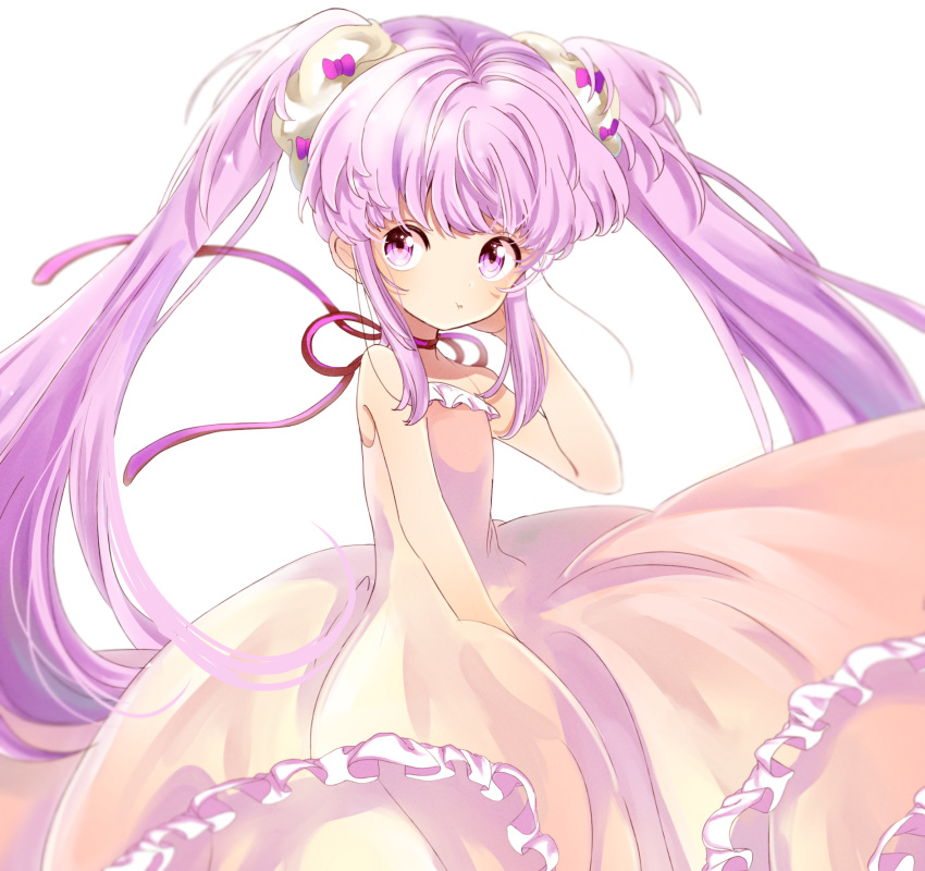 1girl :t bangs bare_arms bare_shoulders bow closed_mouth copyright_request dress eyebrows_visible_through_hair frilled_dress frills fuyusuke_(hz+) highres long_hair pink_dress pout purple_bow purple_hair red_ribbon ribbon sidelocks simple_background sleeveless sleeveless_dress solo twintails very_long_hair violet_eyes white_background