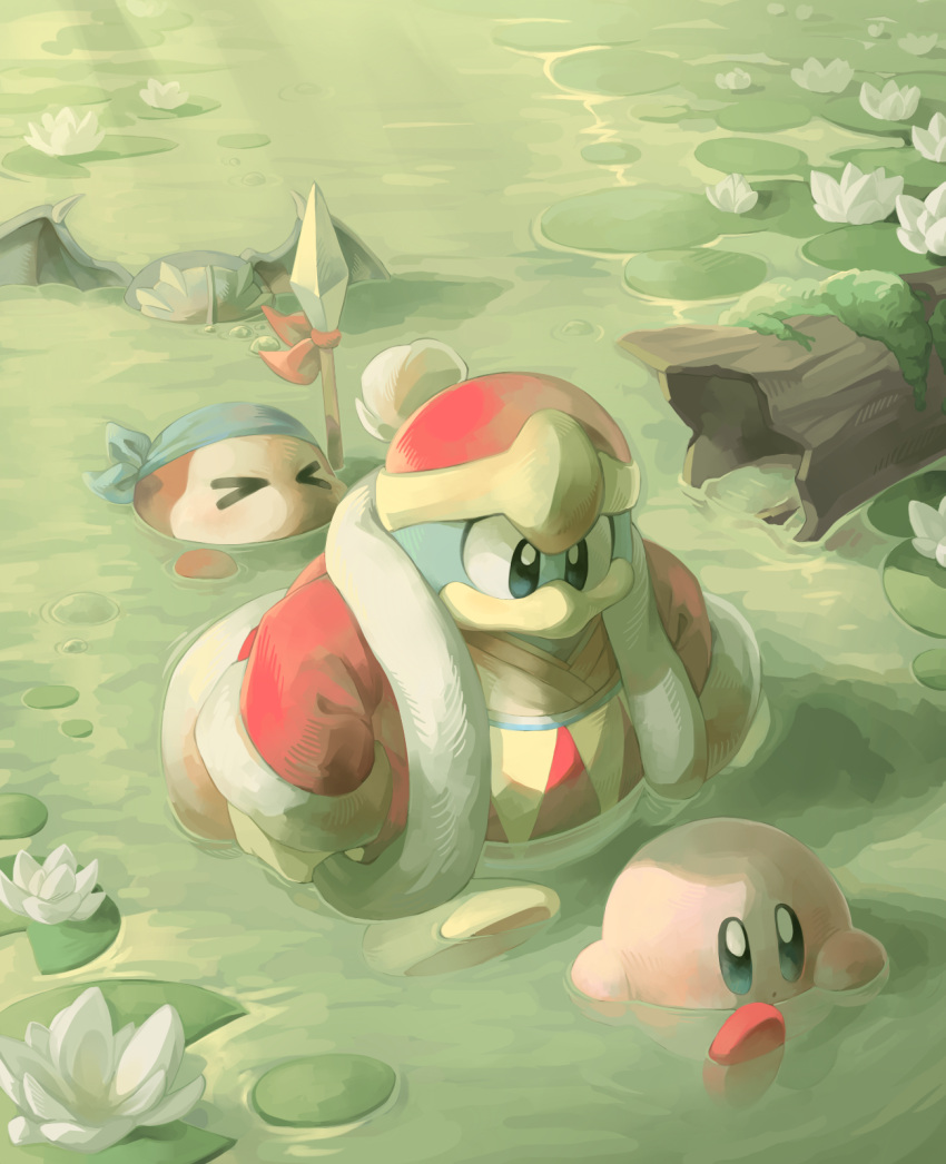 &gt;_&lt; 3boys bandana bandana_waddle_dee bird blue_eyes blue_headwear closed_eyes closed_mouth coat flower from_above fur_trim green_background hal_laboratory_inc. hat highres hoshi_no_kirby hoshi_no_kirby_wii king_dedede kirby kirby's_return_to_dream_land kirby_(series) light_rays lily_pad log long_sleeves male meta_knight moss nintendo no_humans no_mouth open_mouth outdoors partially_submerged penguin pink_puff_ball polearm red_coat red_headwear spear stardust-dreamii sunbeam sunlight waddle_dee waddle_dee_(specie) wading walking weapon white_flower wings