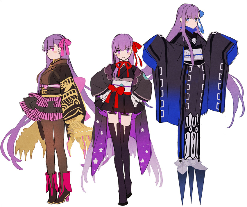 &gt;:) 3girls bb_(fate)_(all) bb_(fate/extra_ccc) black_footwear black_kimono black_legwear blue_bow blue_eyes boots bow brown_legwear closed_mouth fate/extra fate/extra_ccc fate_(series) gloves hair_bow hakusai_(tiahszld) hands_on_hips high_heel_boots high_heels japanese_clothes kimono kimono_skirt layered_skirt long_hair long_sleeves meltryllis multiple_girls o-ring obi pantyhose passion_lip pink_bow pleated_skirt purple_hair red_bow sash short_kimono simple_background skirt sleeves_past_fingers sleeves_past_wrists smile striped thigh-highs thigh_boots v-shaped_eyebrows vertical-striped_skirt vertical_stripes very_long_hair violet_eyes white_background white_gloves wide_sleeves