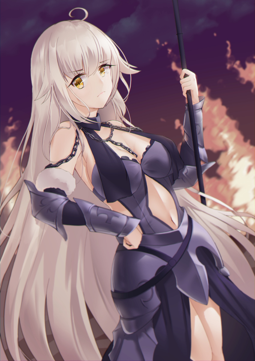 1girl absurdres apertio armor armpits blonde_hair blush breasts chain dress fate/grand_order fate_(series) floating_hair highres jeanne_d'arc_(alter)_(fate) jeanne_d'arc_(fate)_(all) large_breasts long_hair skirt solo standing yellow_eyes