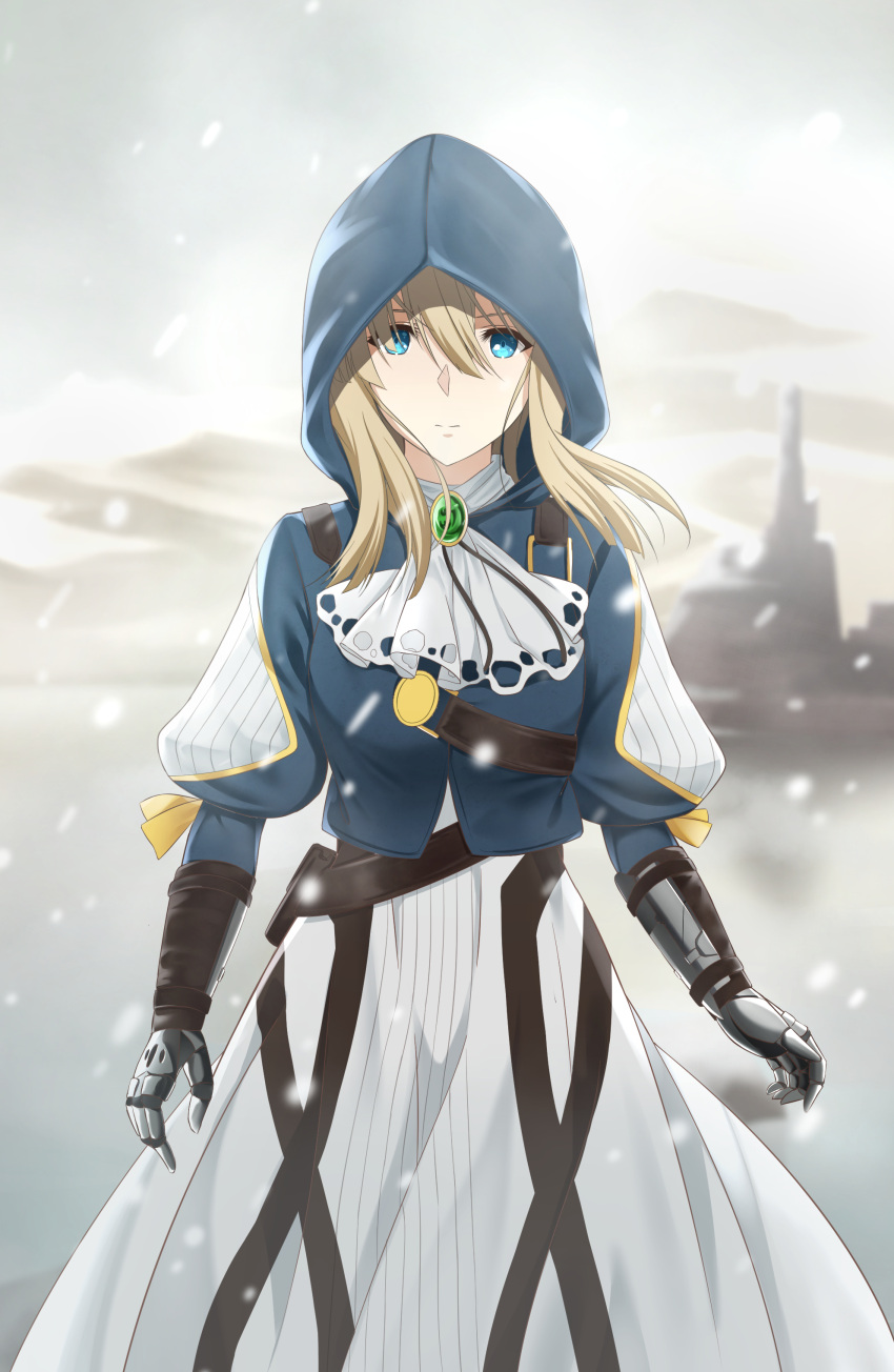 1girl absurdres alternate_costume assassin's_creed_(series) belt blonde_hair blue_eyes cloak commentary_request highres hood hood_up hooded_cloak long_hair long_sleeves looking_at_viewer rko_(a470350510) solo violet_evergarden violet_evergarden_(character)