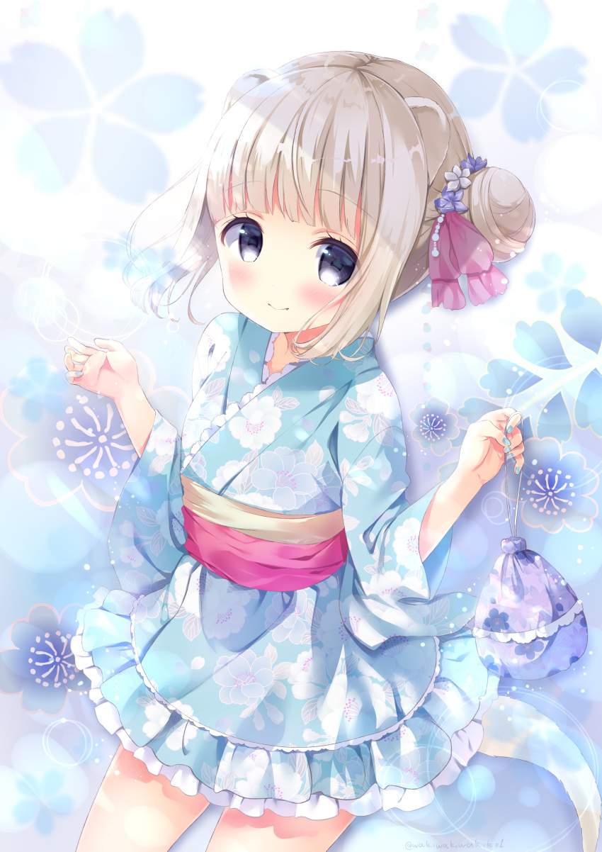 1girl absurdres animal_ears blue_kimono blue_nails bow closed_mouth commentary_request fang fang_out ferret_ears ferret_tail fingernails floral_print flower frilled_kimono frills hair_bow hair_bun hair_flower hair_ornament highres holding japanese_clothes kimono long_sleeves looking_at_viewer nail_polish neki_(wakiko) obi original print_kimono purple_bow purple_flower sash short_kimono side_bun sidelocks smile solo twitter_username white_flower wide_sleeves